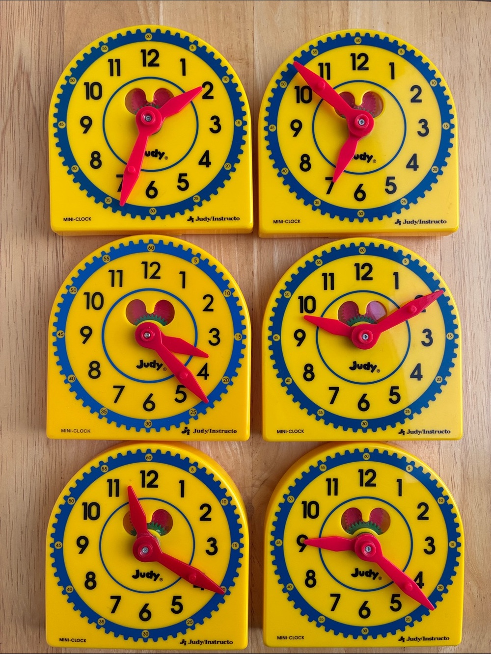 Kids Learning Clocks lot of 6 Yellow w/  Red Hands Judy/Instructo about 5 in tal